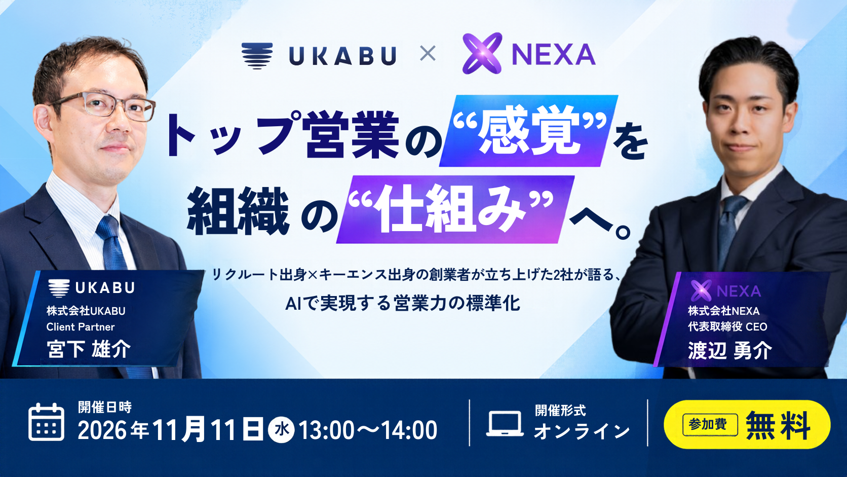 【11/11（水）13:00~14:00】トップ営業の“感覚”を組織の“仕組み”へ。キーエンス出身×リクルート出身の創業者が立ち上げた2社が語る、AIで実現する営業力の標準化